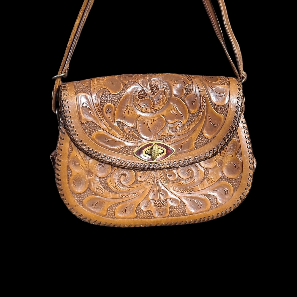 Vintage Tooled Leather Floral Shoulder Bag 1953